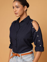 Pearl Detail Shirt With Cold Shoulder