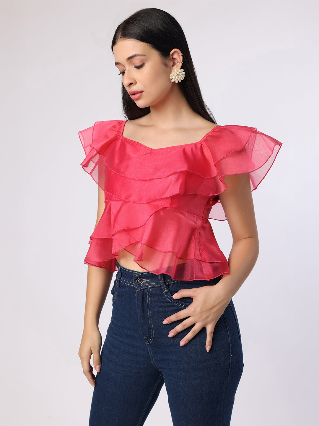 Pink Double Layered Frill Organza Top