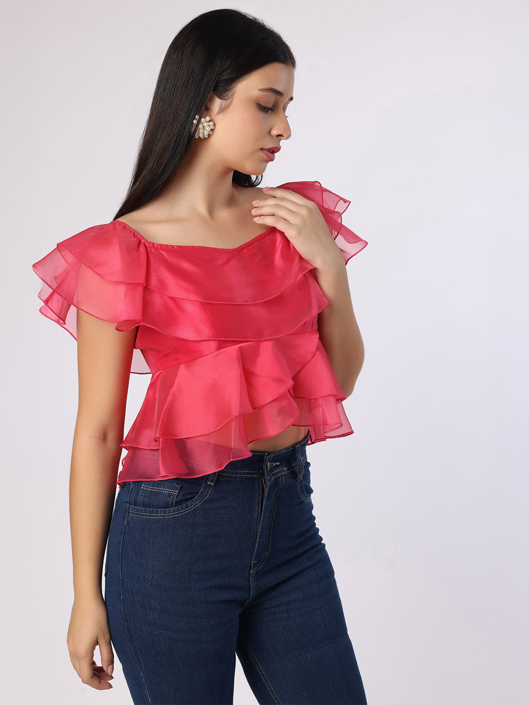Pink Double Layered Frill Organza Top