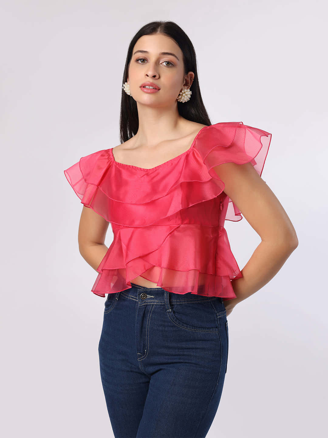 Pink Double Layered Frill Organza Top