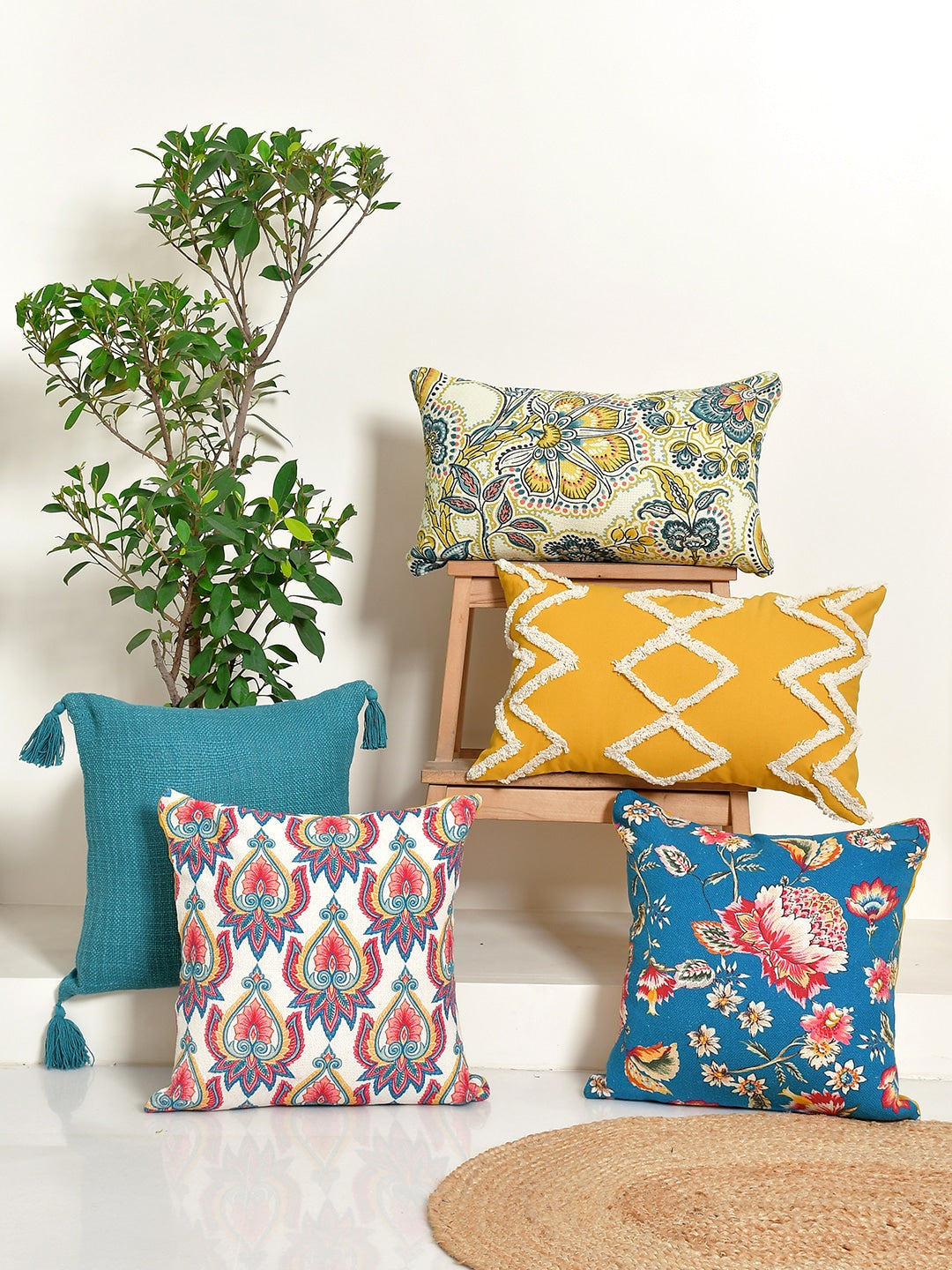 Set of 5 Jacobian Cotton 30x50cm & 40x40cm Cushion Covers