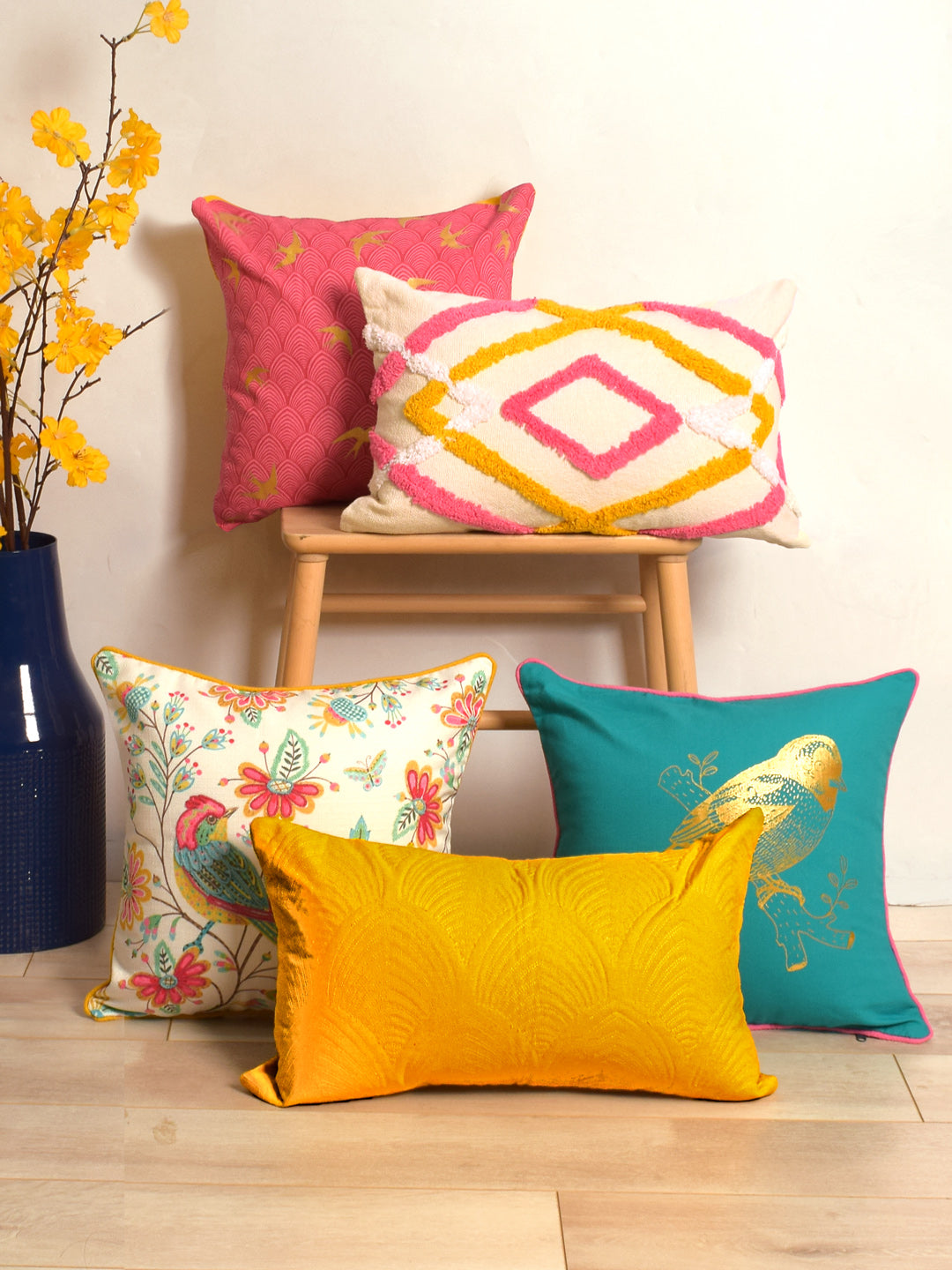 Set Of 5 Bird Printed Cushion Cover Set