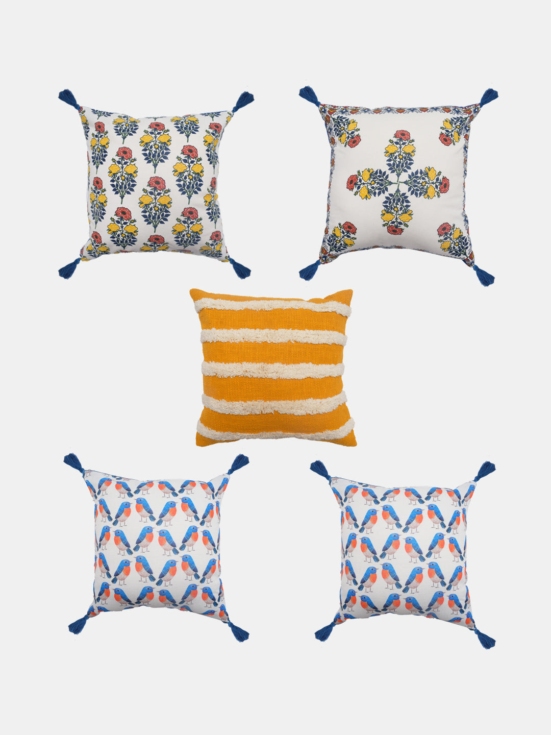 Set Of 5 Bird Printed Cushion Cover Set
