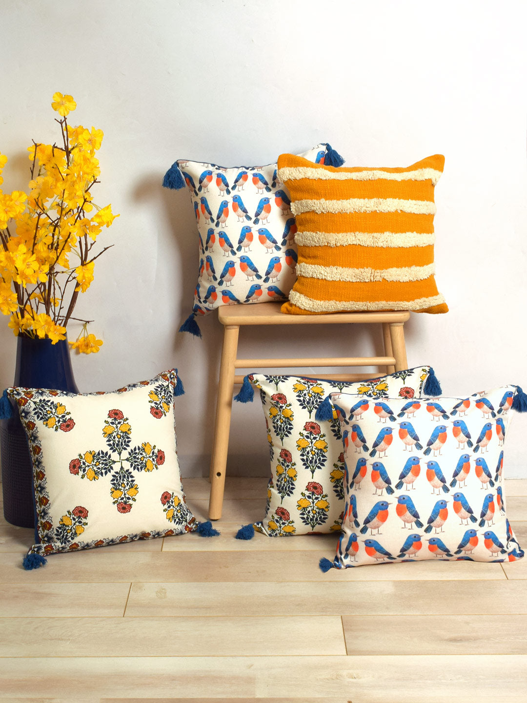 Set Of 5 Bird Printed Cushion Cover Set