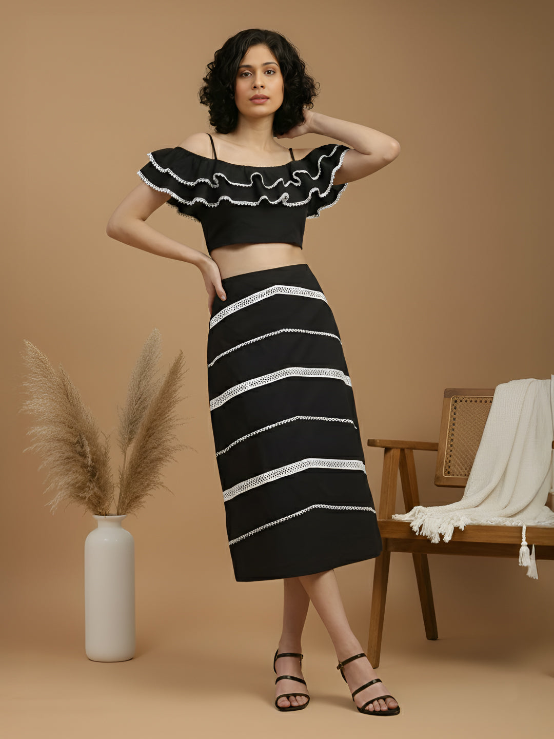 Black Beachy Top With Laced Skirt