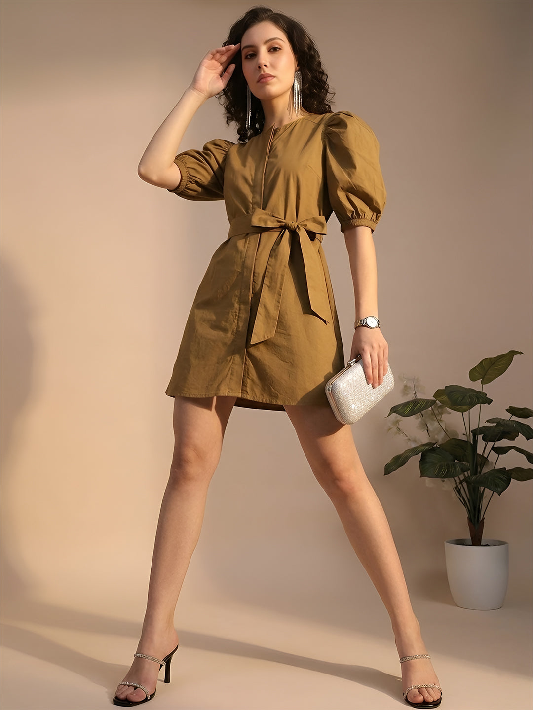 Mustard Short Dress with Belt
