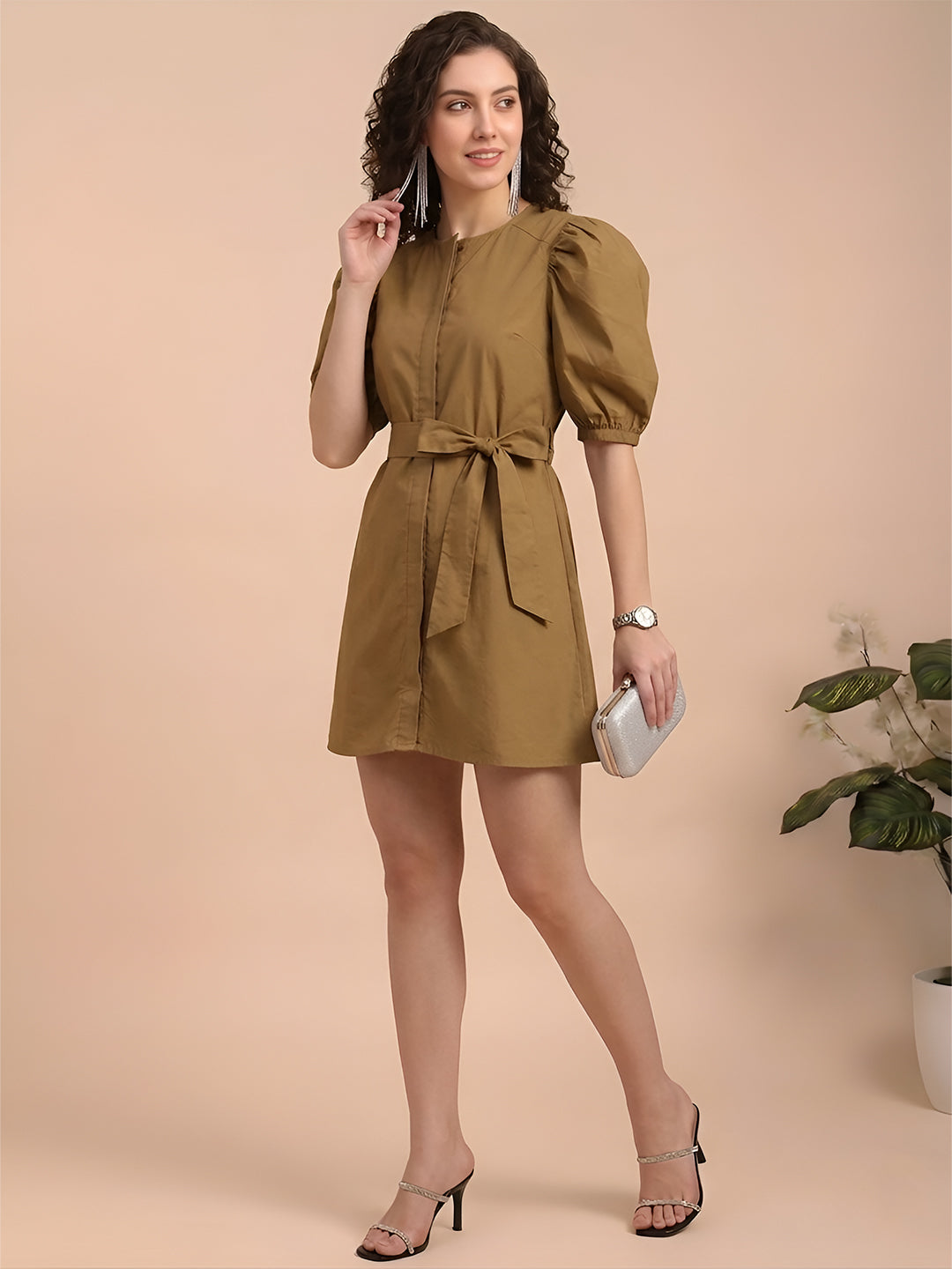 Mustard Short Dress with Belt
