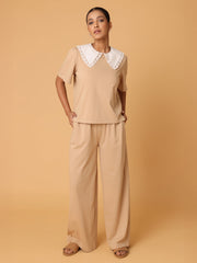 Beige Contrast Collared T-shirt with Lower